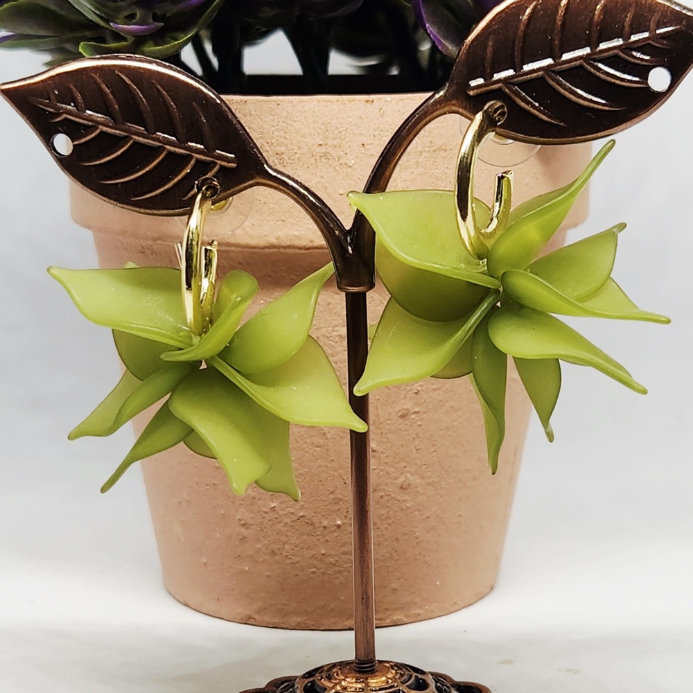 Green Succulent Leaf Cluster Statement Hoop Earrings Gold Tone Botanical Jewelry